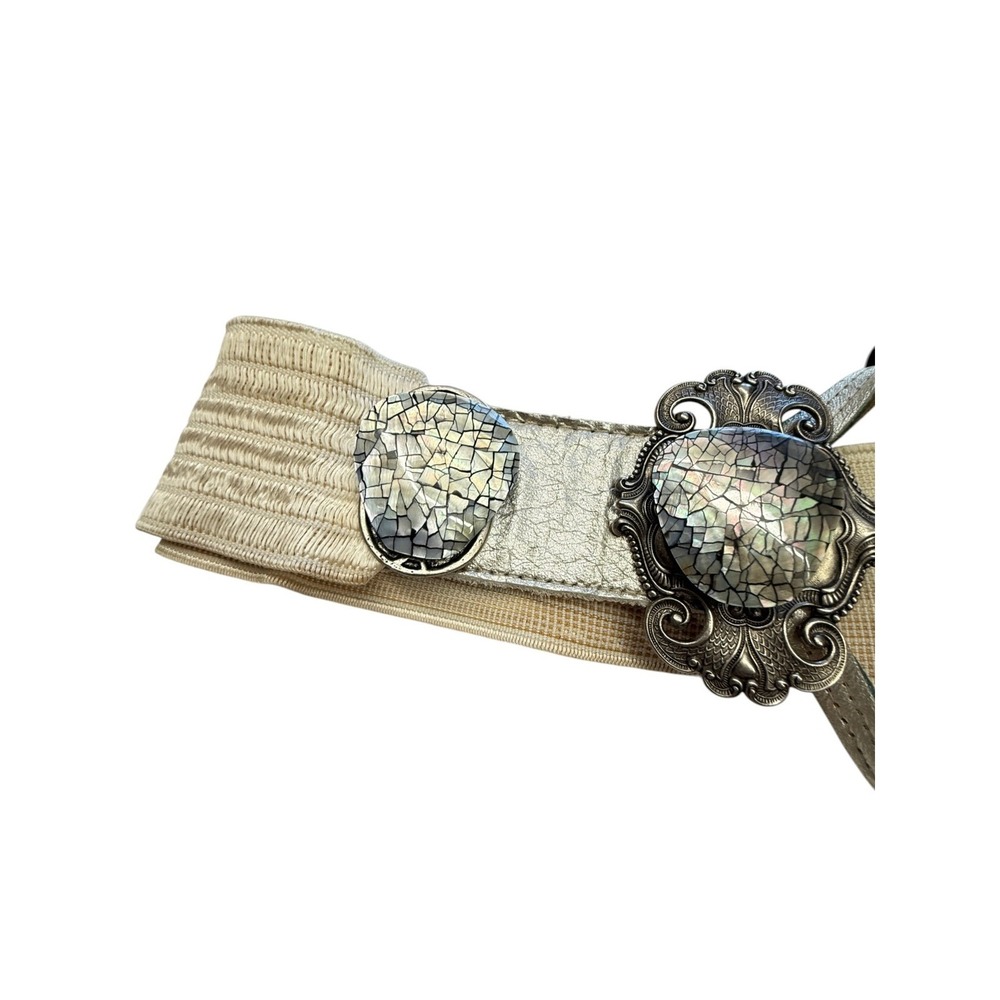 Vintage Womens Belt Ornate Silver Abalone Shell Mosaic Elastic Cinch Waist Large - Picture 6 of 10